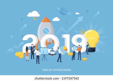 Infographic banner with 2019 number, tiny men and women, space ship, money, ascending graphs. Year of opportunities concept. Future business progress and financial development. Vector illustration.