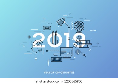 Infographic banner 2019 year of opportunities. New trends and prospects in internet blogging, communication, networking, online education and e-learning. Vector illustration in thin line style.