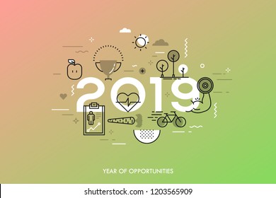 Infographic banner 2019 year of opportunities. New trends and prospects in healthcare, sports, fitness, lifestyle, sport nutrition. Plans and predictions. Vector illustration in thin line style.