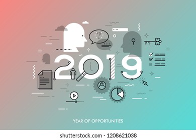 Infographic banner 2019 year of opportunities. New trends and prospects in online information search technologies, data exchange, internet content sharing. Vector illustration in thin line style.