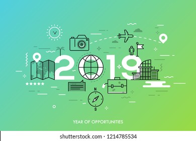 Infographic banner, 2019 - year of opportunities. New trends and prospects in tourism, trips, touristic services, travel applications. Plans and predictions. Vector illustration in thin line style.