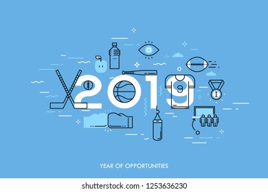 Infographic banner, 2019 - year of opportunities. New trends and prospects in sports championships, sporting events, teams, competitions. Plans and predictions. Vector illustration in thin line style.