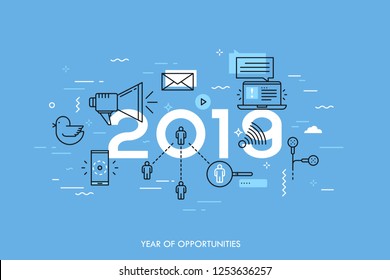 Infographic banner, 2019 - year of opportunities. Trends, predictions and expectations in social media technologies, networks, mobile apps, internet messengers. Vector illustration in thin line style.