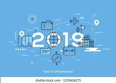 Infographic banner, 2019 - year of opportunities. New trends and prospects in tourism, trips, touristic services, travel applications. Plans and predictions. Vector illustration in thin line style.