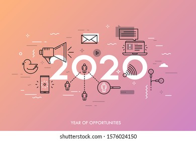 Infographic banner, 2020 - year of opportunities. Trends, predictions and expectations in social media technologies, networks, mobile apps, internet messengers. Vector illustration in thin line style.