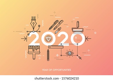 Infographic banner 2020 year of opportunities. New trends and prospects in graphic, web and digital design, concepts, techniques and tools for designers. Vector illustration in thin line style.