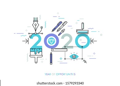 Infographic banner 2020 year of opportunities. New trends and prospects in graphic, web and digital design, concepts, techniques and tools for designers. Vector illustration in thin line style.