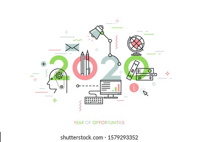 Infographic banner 2020 year of opportunities. New trends and prospects in internet blogging, communication, networking, online education and e-learning. Vector illustration in thin line style.