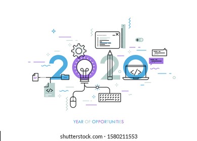 Infographic banner 2020 year of opportunities. New hot trends and prospects in software, front-end web development, program coding, programming languages. Vector illustration in thin line style.