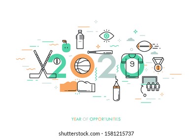 Infographic banner, 2020 - year of opportunities. New trends and prospects in sports championships, sporting events, teams, competitions. Plans and predictions. Vector illustration in thin line style.