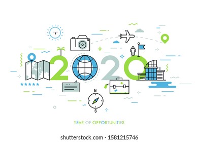 Infographic banner, 2020 - year of opportunities. New trends and prospects in tourism, trips, touristic services and travel applications. Plans and predictions. Vector illustration in thin line style.