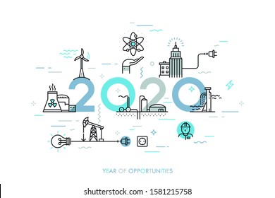 Infographic banner, 2020 - year of opportunities. Trends and predictions in water supply, electric power generation, nuclear plant construction, oil extraction. Vector illustration in thin line style.