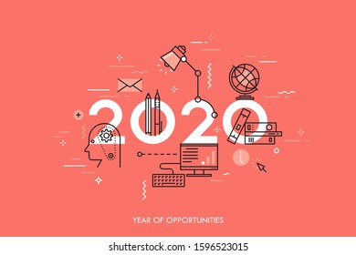 Infographic banner 2020 year of opportunities. New trends and prospects in internet blogging, communication, networking, online education and e-learning. Vector illustration in thin line style.