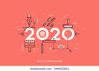 Infographic banner 2020 year of opportunities. New trends and prospects in graphic, web and digital design, concepts, techniques and tools for designers. Vector illustration in thin line style.