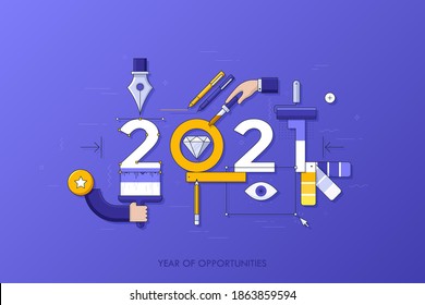 Infographic banner 2021 year of opportunities. New trends and prospects in graphic, web and digital design, concepts, techniques and tools for designers. Vector illustration in thin line style.