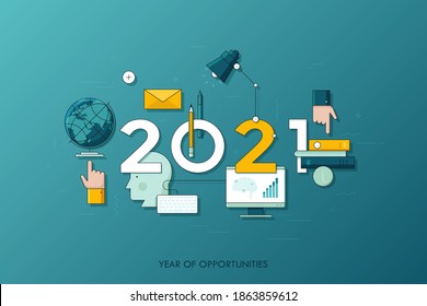 Infographic banner 2021 year of opportunities. New trends and prospects in internet blogging, communication, networking, online education and e-learning. Vector illustration in thin line style.