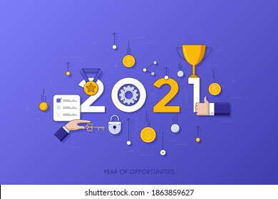 Infographic banner 2021 year of opportunities. New trends and prospects in leadership and successful business development strategies. Plans and expectations. Vector illustration in thin line style.