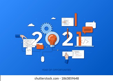 Infographic banner 2021 year of opportunities. New hot trends and prospects in software, front-end web development, program coding, programming languages. Vector illustration in thin line style.