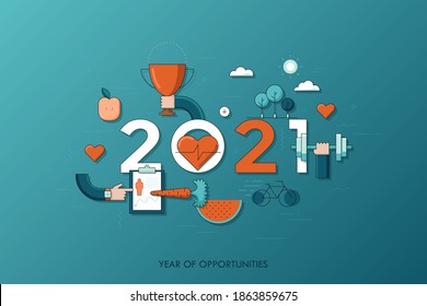 Infografik Banner 2021 Jahr der Möglichkeiten. Neue Trends und Perspektiven in Gesundheitswesen, Sport, Fitness, Lifestyle, Sporternährung. Pläne und Vorhersagen. Vektorgrafik in dünner Linie.