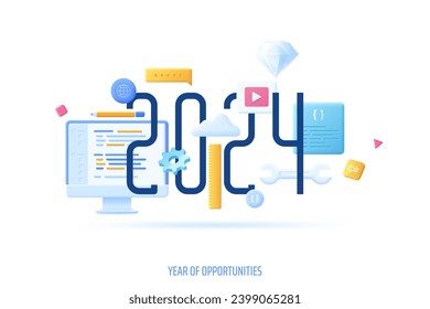 Infographic banner 2024 year of opportunities. New hot trends and prospects in software, front-end web development, program coding, programming languages. Vector illustration in 3d cartoon style.