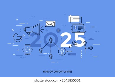 Banner infográfico, 2025 - ano de oportunidades. Tendências, previsões e expectativas em tecnologias de mídia social, redes, aplicativos móveis, mensageiros da Internet. Ilustração vetorial em estilo de linha fina.