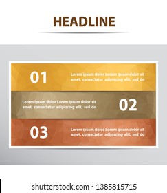 Infographic banner with 3 steps and polygonal backgrounds in golden, silver and bronze colors.