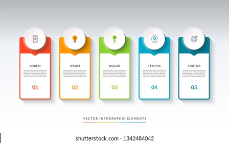 Infographic banner with 5 circles and tabs. Can be used as a diagram, graph, chart. Vector template for business infographics with place for text and icons