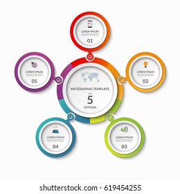 Infographic banner with 5 options. Circle template that can be used as round chart, cycle diagram, graph, workflow layout