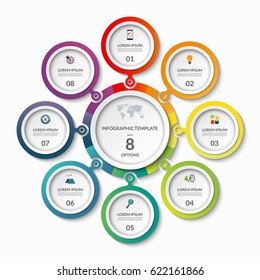 Infographic banner with 8 options. Circle template that can be used as round chart, cycle diagram, graph, workflow layout