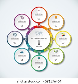 Infographic banner with 8 options. Circular template that can be used as round chart, cycle diagram, graph, workflow layout
