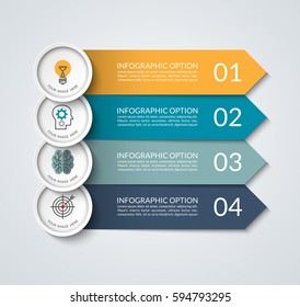Infographic banner with arrow and circle design elements. Business concept with 4 options, steps, parts. Vector template that can be used as a chart, graph, diagram, workflow layout