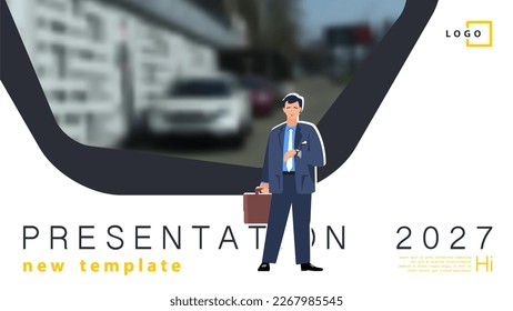 Infographic banner. Businessman got out of the car, looks at the clock, goes to a business meeting. Work in the city. Business presentation, business man. Infographics banner. Flat style vector design