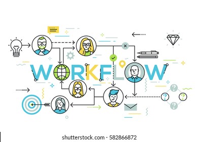 Infographic banner with elements in thin line style. Workflow chart, structural organization of company, business networking concept. Vector illustration for presentation, header, website, report.