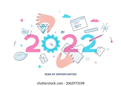 Infographic banner with hands, keyboard, program windows. Concept of 2022 as year of opportunities for software development, programming, coding, internet technology. Modern flat vector illustration.