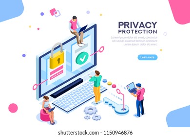 Infographic, banner with hero protect data and confidentiality. Safety and confidential data protection, concept with character saving code and check access. Flat isometric vector illustration