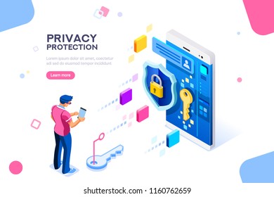 Infographic, banner with hero protect data and confidentiality. Safety and confidential data protection, concept with character saving code and check access. Flat isometric vector illustration.