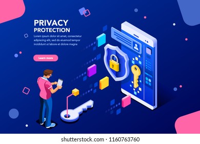 Infographic, banner with hero protect data and confidentiality. Safety and confidential data protection, concept with character saving code and check access. Flat isometric vector illustration.