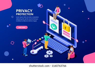 Infographic, banner with hero protect data and confidentiality. Safety and confidential data protection, concept with character saving code and check access. Flat isometric vector illustration. Infographic, banner with hero protect data and confidentiality. Safety and confidential data protection, concept with character saving code and check access. Flat isometric vector illustration.