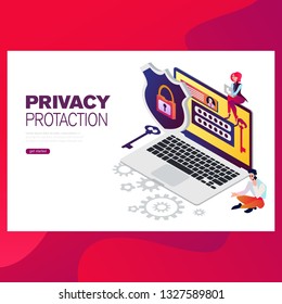 Infographic, banner with hero protect data and confidentiality. Safety and confidential data protection