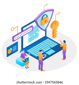 Infographic, Banner With Hero Protect Data And Confidentiality. Safety And Confidential Data Protection, Concept With Character Saving Code And Check Access. Flat Isometric Vector Illustration