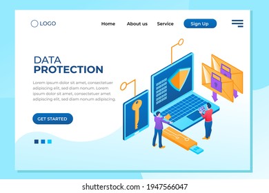 Infographic, banner with hero protect data and confidentiality. Safety and confidential data protection. Flat isometric vector illustration