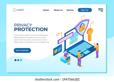 Infographic, banner with hero protect data and confidentiality. Safety and confidential data protection, concept with character saving code and check access. Flat isometric vector illustration