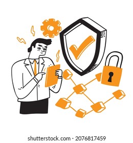 Infographic, banner with hero protect data and confidentiality. Safety and confidential data protection, concept with character saving code and check access. Hand draw vector illustration.