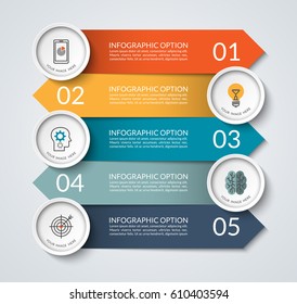 Infographic banner with opposite arrows and circle design elements. Business concept with 5 options, steps, parts. Vector template that can be used as a chart, graph, diagram, workflow layout