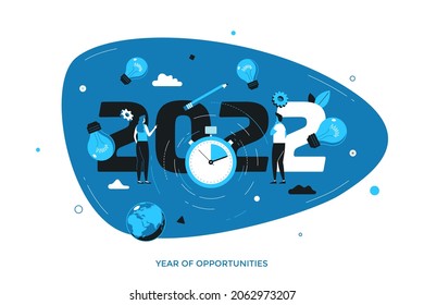 Infographic banner with people, stopwatch, lightbulbs. Concept of 2022 as year of opportunities for innovative idea generation, time management, creative brainstorming. Flat vector illustration.