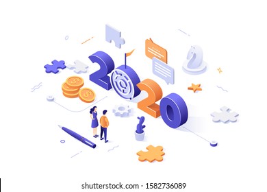 Infographic banner template with 2020 date, people, jigsaw puzzle, chess piece, maze. Concept of year of opportunities in business strategies, problem solving tactics. Isometric vector illustration.