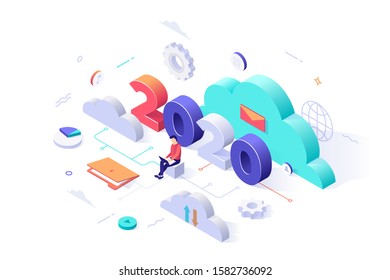 Plantilla de banner fotográfico con fecha 2020, hombre trabajando en laptop y nubes. Concepto de año de oportunidades en almacenamiento de datos, servicio para descarga y carga de archivos. Isométrica ilustración vectorial.