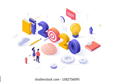 Infographic banner template with 2020 date, people, target, books. Concept of year of opportunities in achieving academic or educational goals, smart ideas generation. Isometric vector illustration.