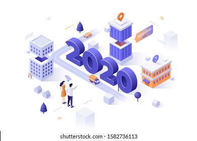 Infographic banner template with 2020 date, people, buildings. Concept of year of opportunities in services for street navigation, location search, online city maps. Isometric vector illustration.