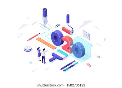 Infographic banner template with 2020 date, man and woman, painting and drawing tools. Concept of year of opportunities in digital graphic design, creative skills. Isometric vector illustration.